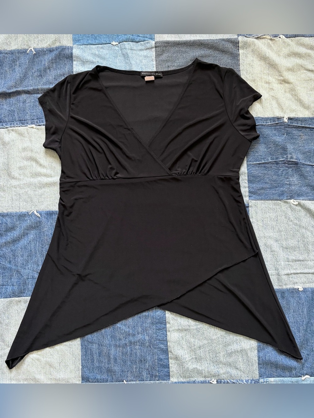 vintage y2k asymmetrical american city wear black top surplice neckline size 2XL